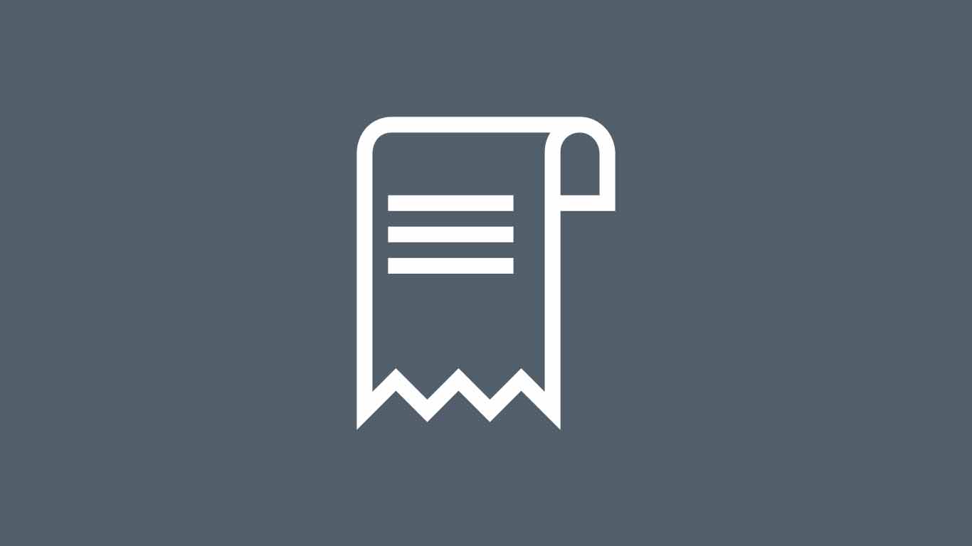 Ein einfaches weißes Symbol einer Quittung mit einem gezackten unteren Rand und einer gekräuselten oberen rechten Ecke, dargestellt auf einem dunkelgrauen Hintergrund.