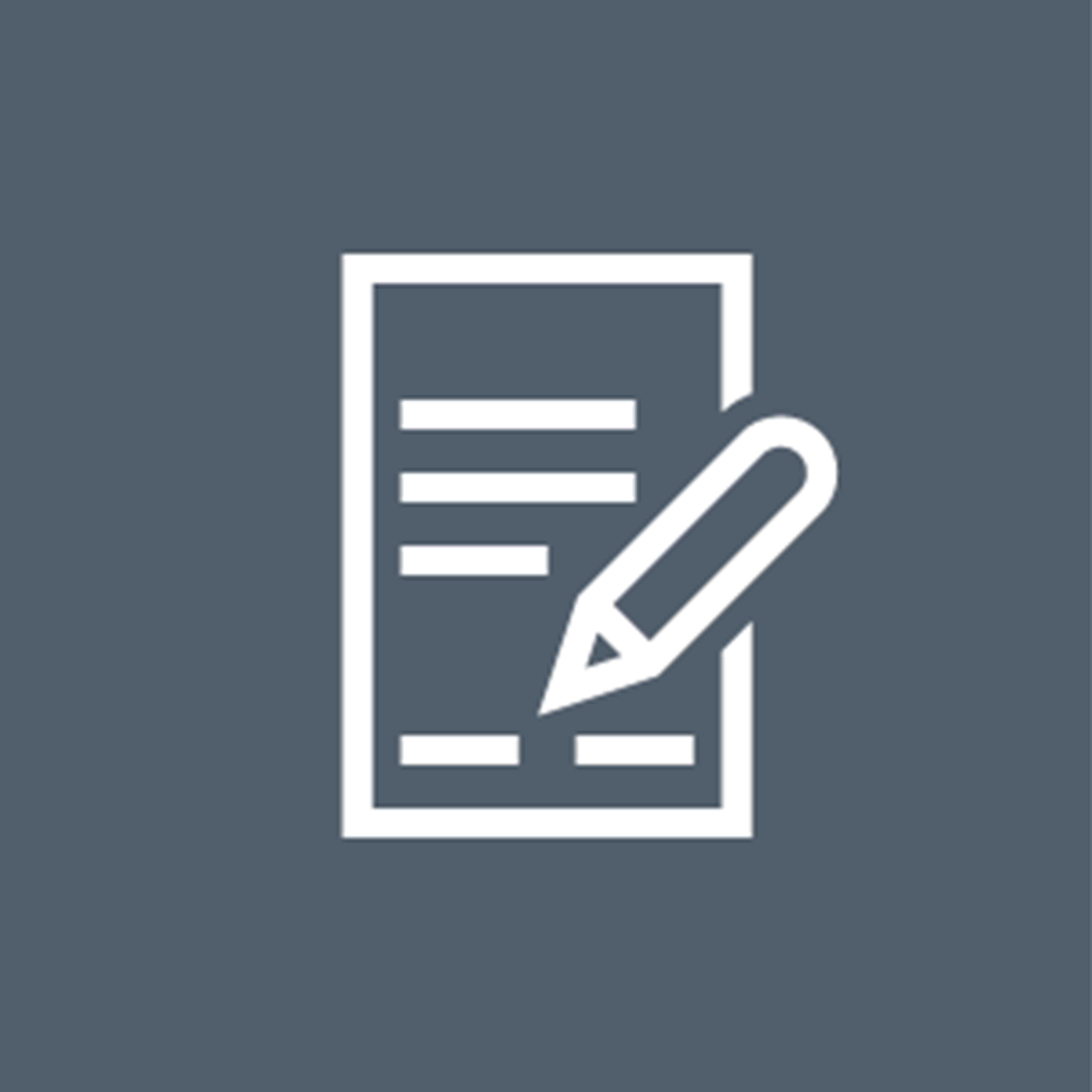 Wei&szlig;es Symbol eines Blattes Papier mit horizontalen Linien und einem Bleistift darauf, zentriert auf einem soliden dunkelgrauen Hintergrund.