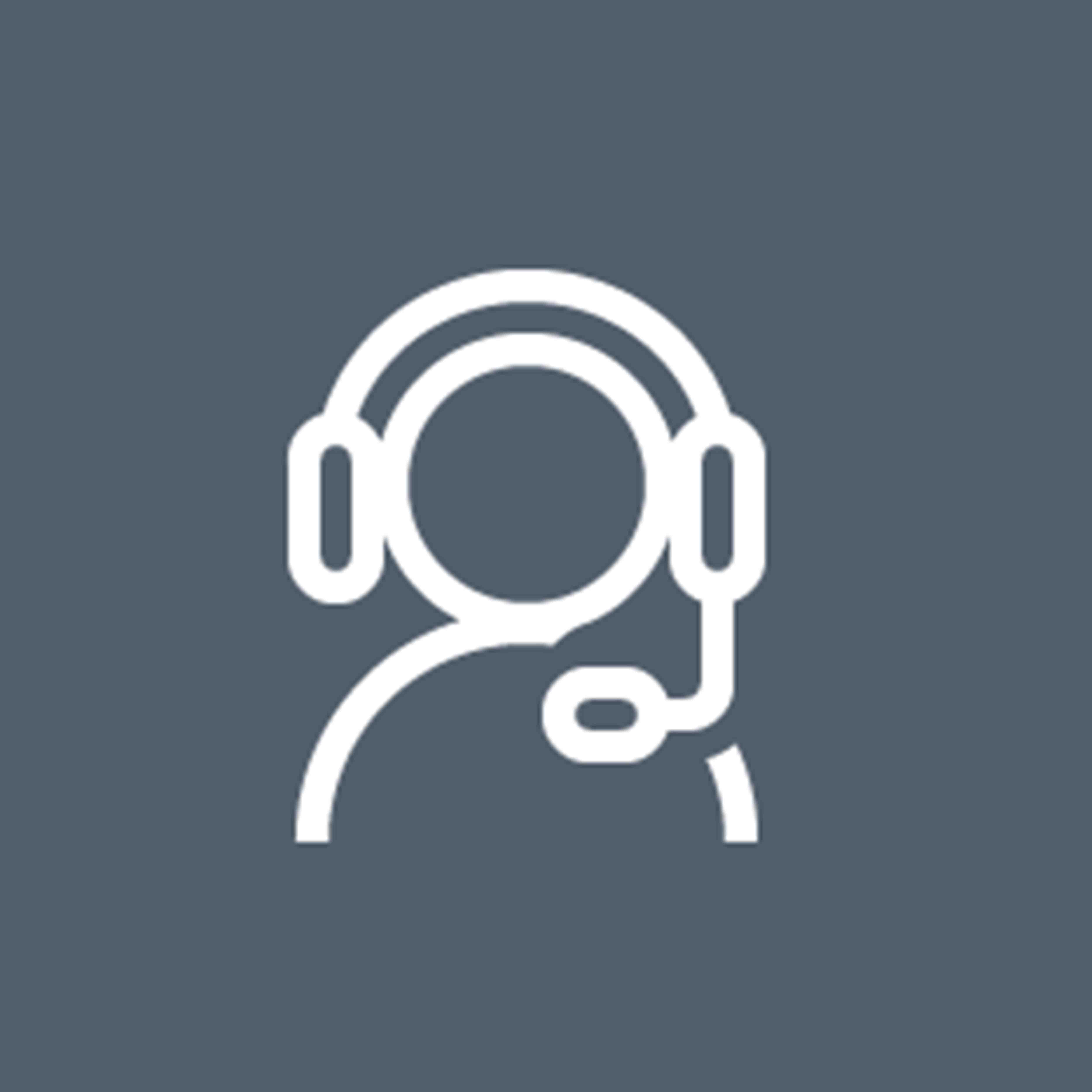 Wei&szlig;es Symbol einer Person, die ein Headset mit einem Mikrofon auf einem dunkelgrauen Hintergrund tr&auml;gt, das den Kundensupport oder einen Call-Center-Agenten darstellt.