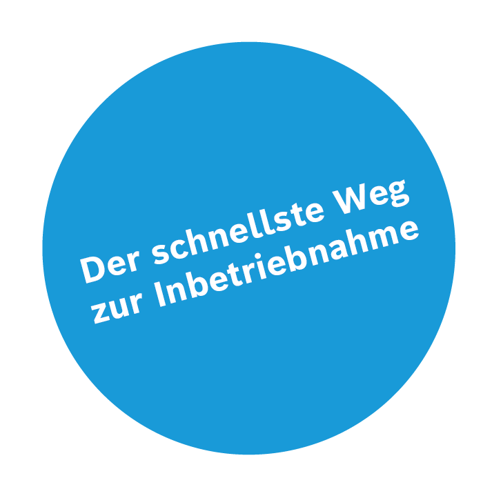 Blauer Kreis mit wei&szlig;em deutschen Text Der schnellste Weg zur Inbetriebnahme auf hellgrauem Hintergrund.